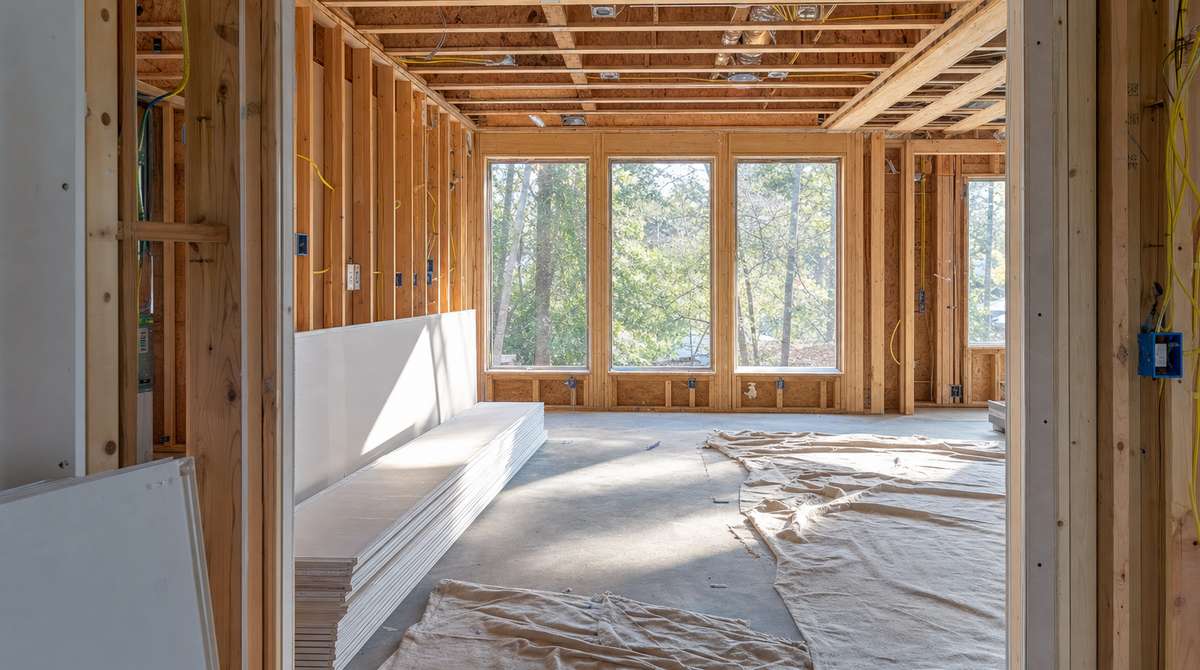 Charlotte North Carolina home in mid-renovation showing exposed wood stud framing, electrical rough-in wiring, fresh drywall stacked against the wall, and daylight through unfinished window openings