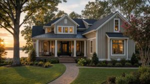 Transitional craftsman home in Lake Wylie South Carolina at golden hour with taupe board and batten siding, white trim, dark metal porch roof, mature oaks, brick paver walkway, and a glimpse of Lake Wylie water through trees