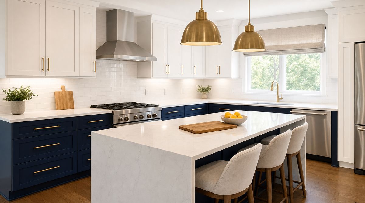 Renovated mid-tier kitchen in a Charlotte North Carolina home with white shaker upper cabinets, navy painted lower cabinets, large quartz waterfall island, brushed brass pendant lights, white subway tile backsplash, and engineered hardwood floors