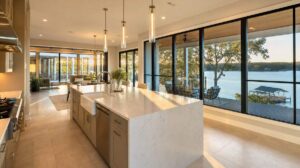 Photorealistic lakefront kitchen with quartz waterfall island oriented toward Lake Wylie, large windows showing dock and water view, durable matte finishes, and natural light