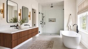 Photorealistic mid-range bathroom remodel in a Charlotte NC home with floating walnut double vanity, white quartz countertop, frameless glass walk-in shower with subway tile, freestanding soaking tub, brushed brass sconces, and matte black plumbing fixtures