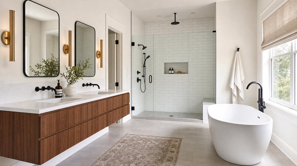 Photorealistic mid-range bathroom remodel in a Charlotte NC home with floating walnut double vanity, white quartz countertop, frameless glass walk-in shower with subway tile, freestanding soaking tub, brushed brass sconces, and matte black plumbing fixtures