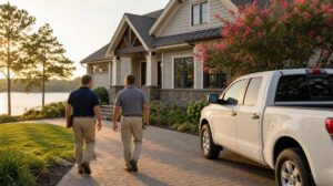 Blog | Cooper Development Group Photorealistic image of two contractors in plain unbranded polos walking up a paver driveway with a clipboard and tape measure toward a transitional craftsman lake home in Lake Wylie SC at golden hour, white pickup truck parked nearby, water and pine trees visible