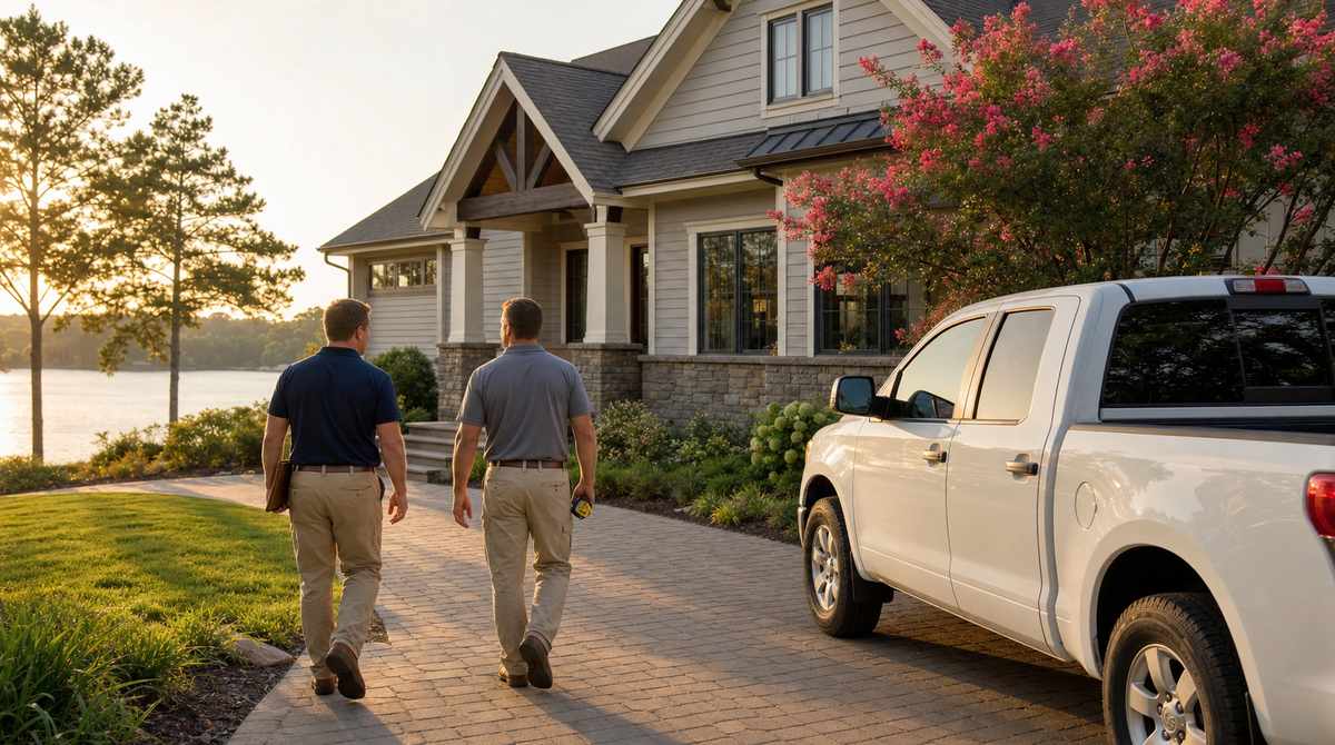 Photorealistic image of two contractors in plain unbranded polos walking up a paver driveway with a clipboard and tape measure toward a transitional craftsman lake home in Lake Wylie SC at golden hour, white pickup truck parked nearby, water and pine trees visible