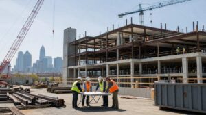 Blog | Cooper Development Group Photorealistic active commercial construction site in Charlotte NC with a partially framed three-story steel and concrete mixed-use building, two cranes, four workers in unbranded safety vests reviewing plans on a folding table, stacked structural steel, and the Charlotte skyline visible in the background