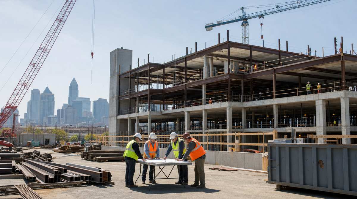 Photorealistic active commercial construction site in Charlotte NC with a partially framed three-story steel and concrete mixed-use building, two cranes, four workers in unbranded safety vests reviewing plans on a folding table, stacked structural steel, and the Charlotte skyline visible in the background