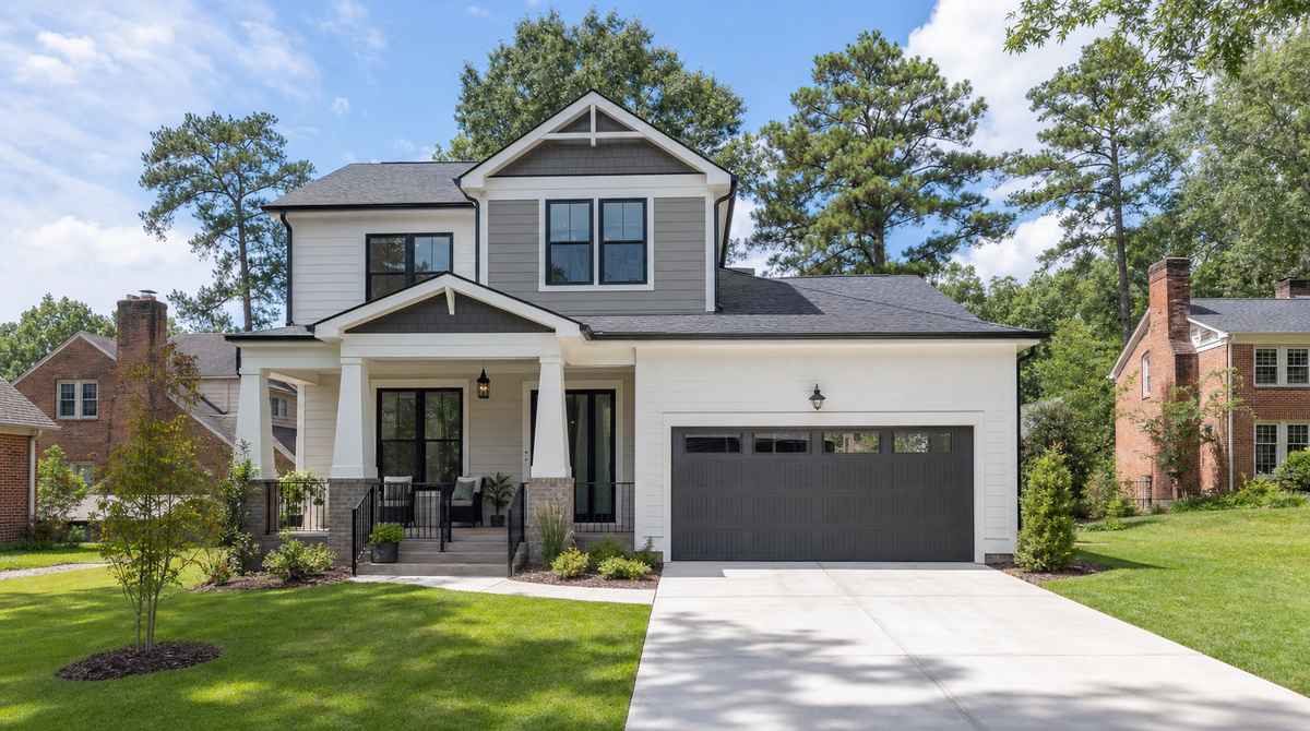 Newly completed two-story transitional craftsman spec home in Charlotte with gray and white lap siding, dark trim windows, covered front porch, and two-car garage