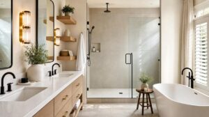 Blog | Cooper Development Group Newly renovated mid-range Charlotte bathroom with double white quartz vanity, matte black faucets, walk-in glass shower with large-format porcelain tile, freestanding soaking tub, and brushed brass sconces