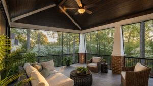 Blog | Cooper Development Group Newly built screened back porch on a Charlotte craftsman home with dark tongue-and-groove ceiling, white tapered columns on brick piers, ceiling fan, rattan and cushioned outdoor furniture, porcelain tile floor, and mature oaks and dogwoods visible through tight black screens