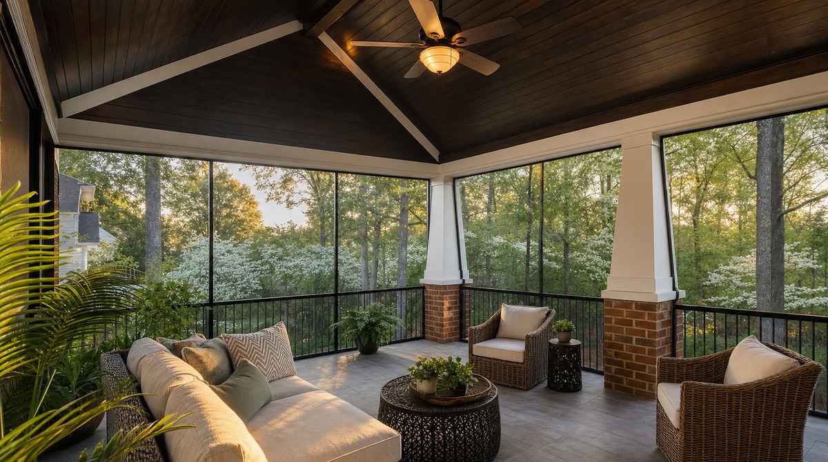 Newly built screened back porch on a Charlotte craftsman home with dark tongue-and-groove ceiling, white tapered columns on brick piers, ceiling fan, rattan and cushioned outdoor furniture, porcelain tile floor, and mature oaks and dogwoods visible through tight black screens