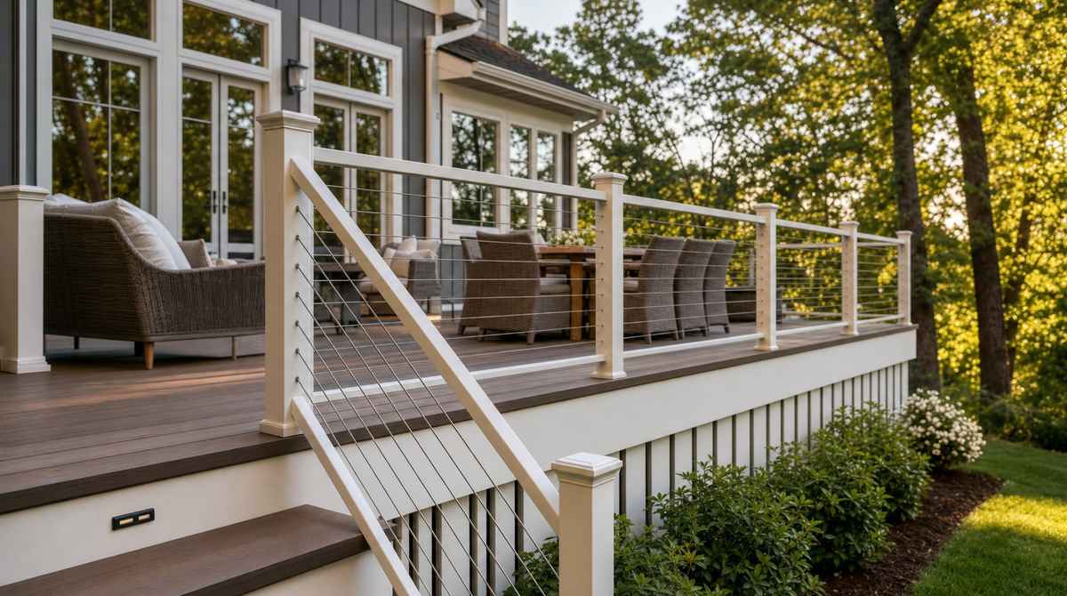 Newly built elevated composite deck with cable rail on the back of a Charlotte transitional craftsman home at golden hour