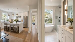 Blog | Cooper Development Group Split view of a renovated white Charlotte kitchen with quartz waterfall island, pendant lights, and stainless appliances on the left, and a luxurious primary bathroom with freestanding soaking tub, glass walk-in shower, and double quartz vanity with matte black fixtures on the right, lit by warm Carolina afternoon light