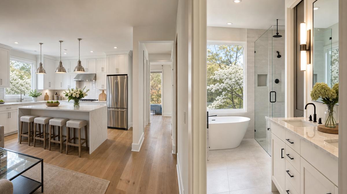 Split view of a renovated white Charlotte kitchen with quartz waterfall island, pendant lights, and stainless appliances on the left, and a luxurious primary bathroom with freestanding soaking tub, glass walk-in shower, and double quartz vanity with matte black fixtures on the right, lit by warm Carolina afternoon light