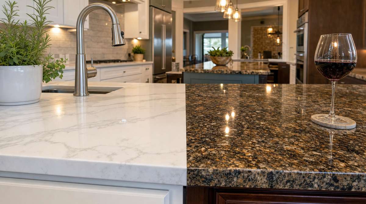 Close-up split view of two Charlotte kitchen countertops meeting at an angle: white quartz with soft gray veining on white shaker cabinets beside a brushed-nickel pull-out faucet and herb pot on the left, rich brown black and gold flecked granite on darker wood cabinets with a glass of red wine on a coaster on the right, warm pendant light overhead
