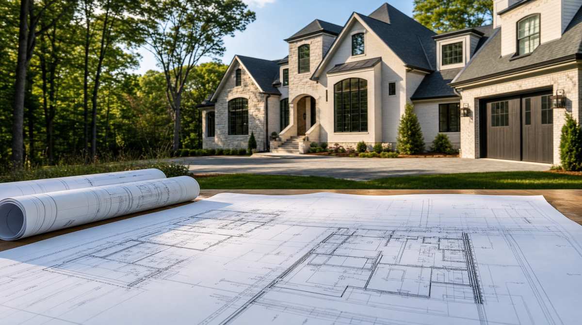 Custom home builder timeline in Charlotte NC with architectural plans and a luxury residential home exterior